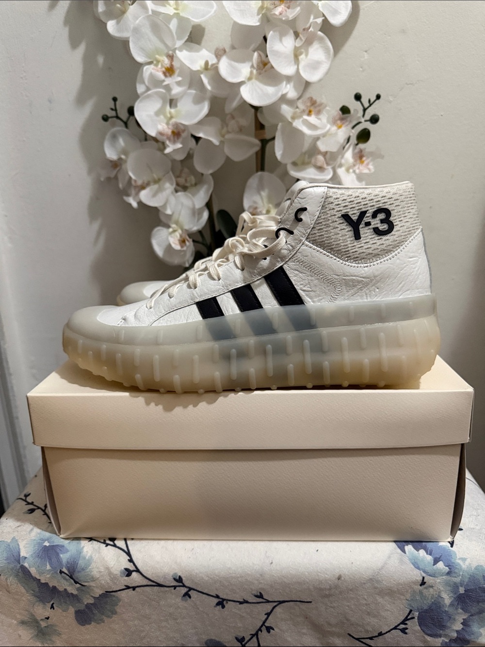 Y-3 High-Top Sneaker in Cream and Black